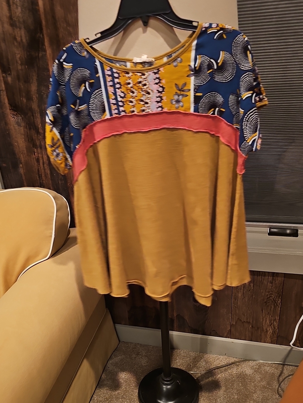 easel Mustard Tunic with Navy Floral Yoke and ROSE Trim